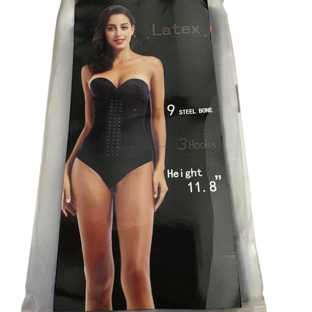 Latex Waist Trainer Corset 9‎ Steel Bones 3 Hook Rows Black Size Small New